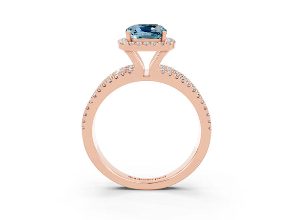 Rose gold Cushion Cut Aquamarine Halo Engagement Ring with Split Shank and Four-Prong Setting