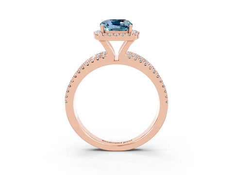 Rose gold {shape_name} Aquamarine Halo Engagement Ring with Split Shank and Four-Prong Setting_3