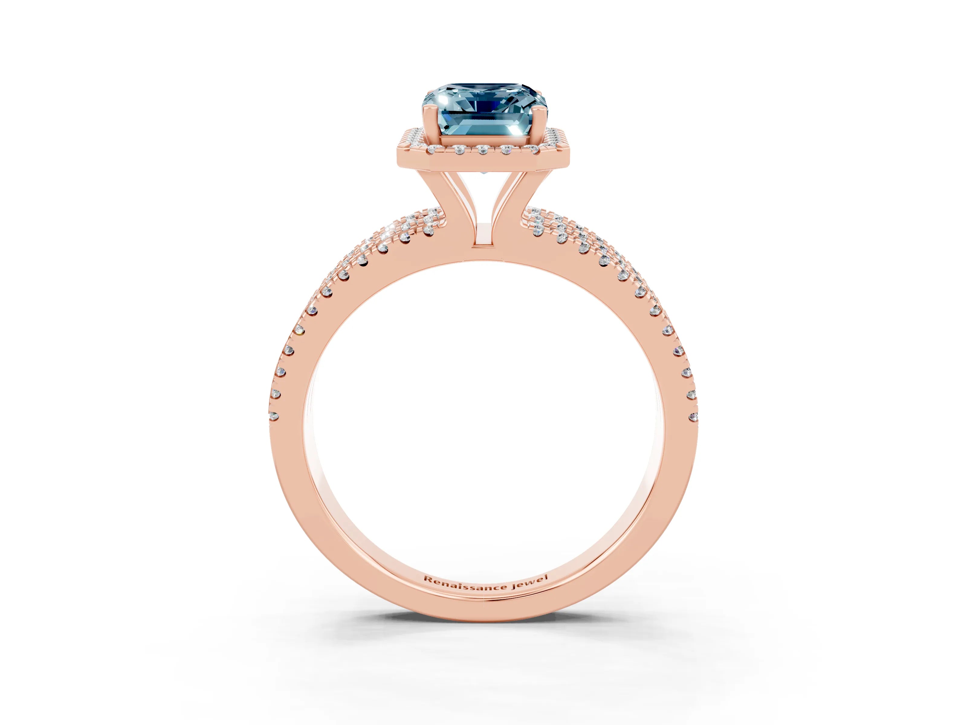 Rose gold {shape_name} Aquamarine Halo Engagement Ring with Split Shank and Four-Prong Setting_3
