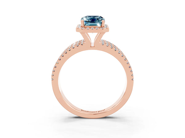 Rose gold Emerald Cut Aquamarine Halo Engagement Ring with Split Shank and Four-Prong Setting