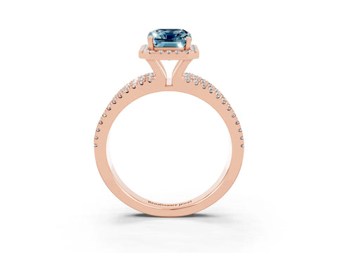 Rose gold {shape_name} Aquamarine Halo Engagement Ring with Split Shank and Four-Prong Setting_3