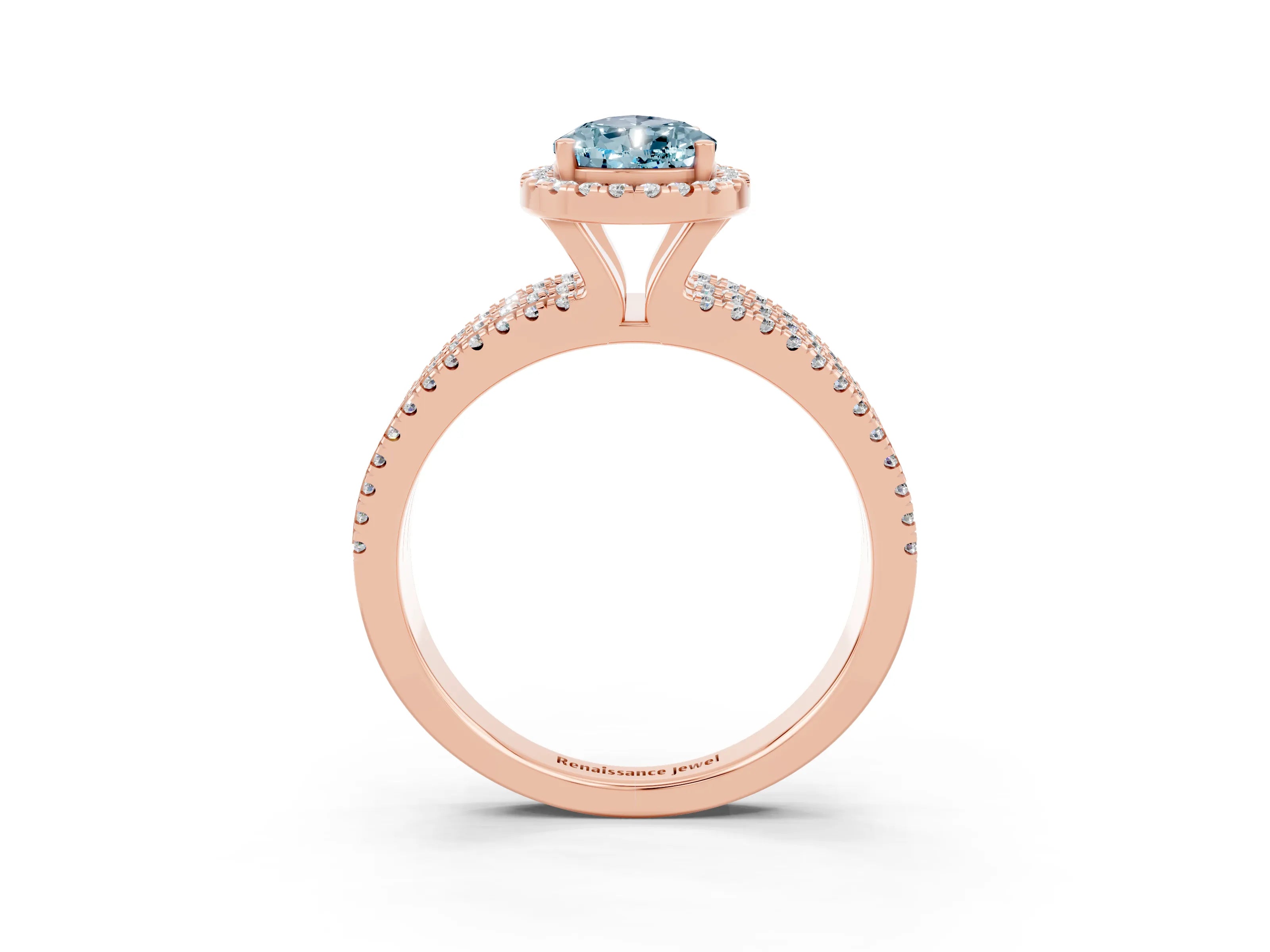 Rose gold {shape_name} Aquamarine Halo Engagement Ring with Split Shank and Four-Prong Setting_3