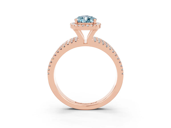 Rose gold Pear Cut Aquamarine Halo Engagement Ring with Split Shank and Four-Prong Setting