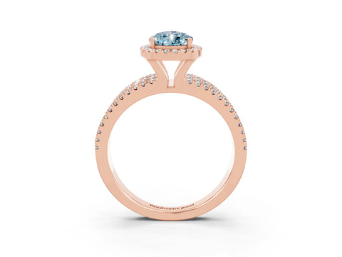 Rose gold {shape_name} Aquamarine Halo Engagement Ring with Split Shank and Four-Prong Setting_3
