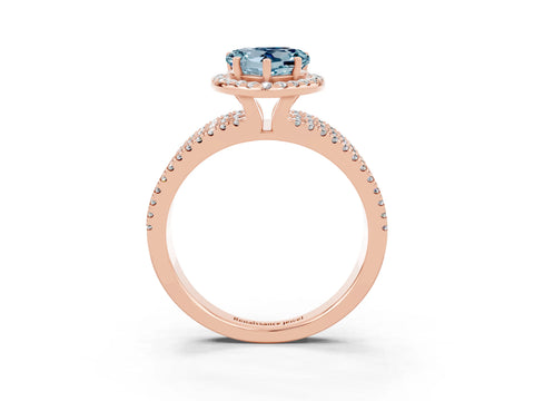 Rose gold {shape_name} Aquamarine Halo Engagement Ring with Split Shank and Four-Prong Setting_3