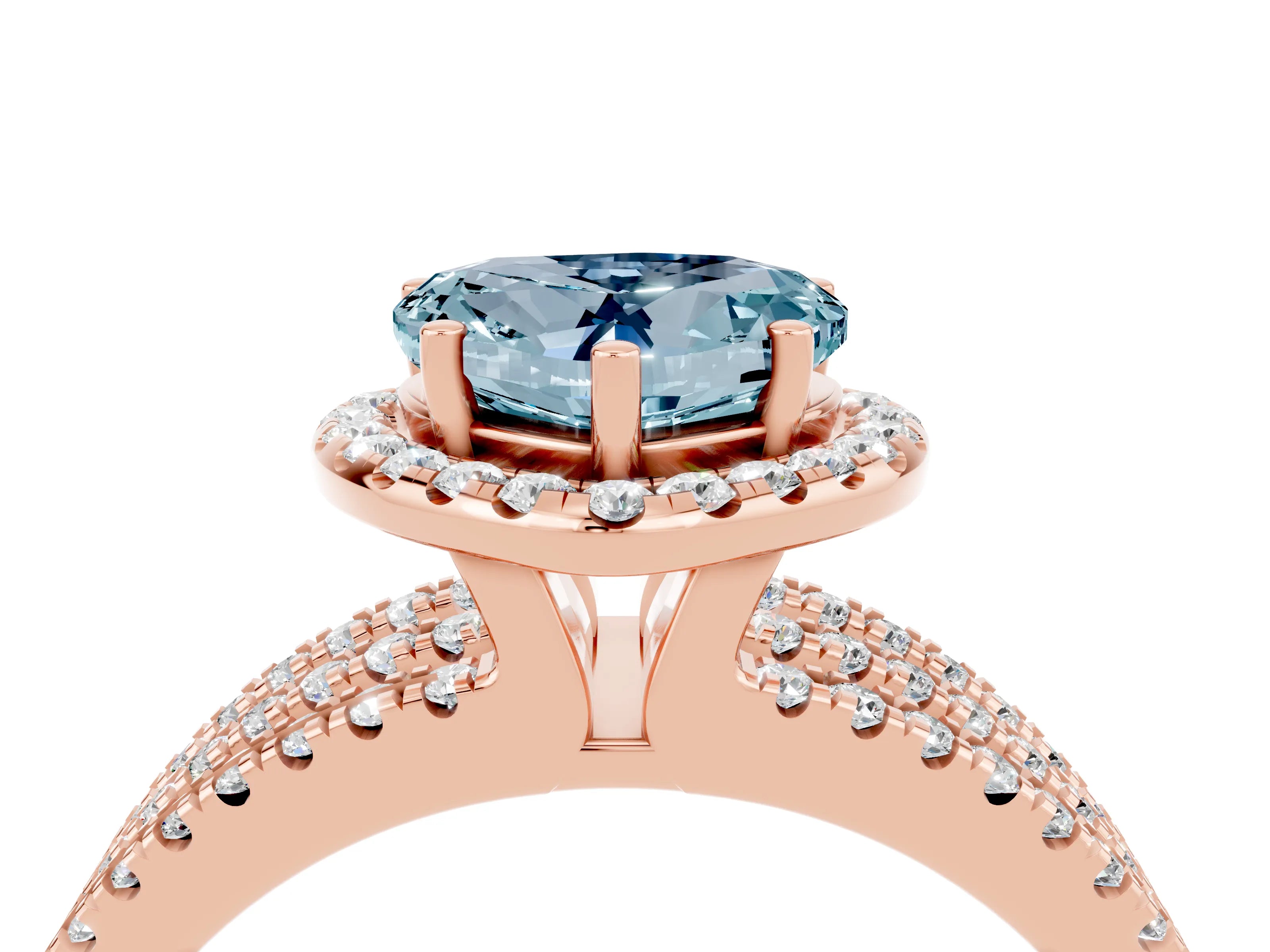 Rose gold {shape_name} Aquamarine Halo Engagement Ring with Split Shank and Four-Prong Setting_4