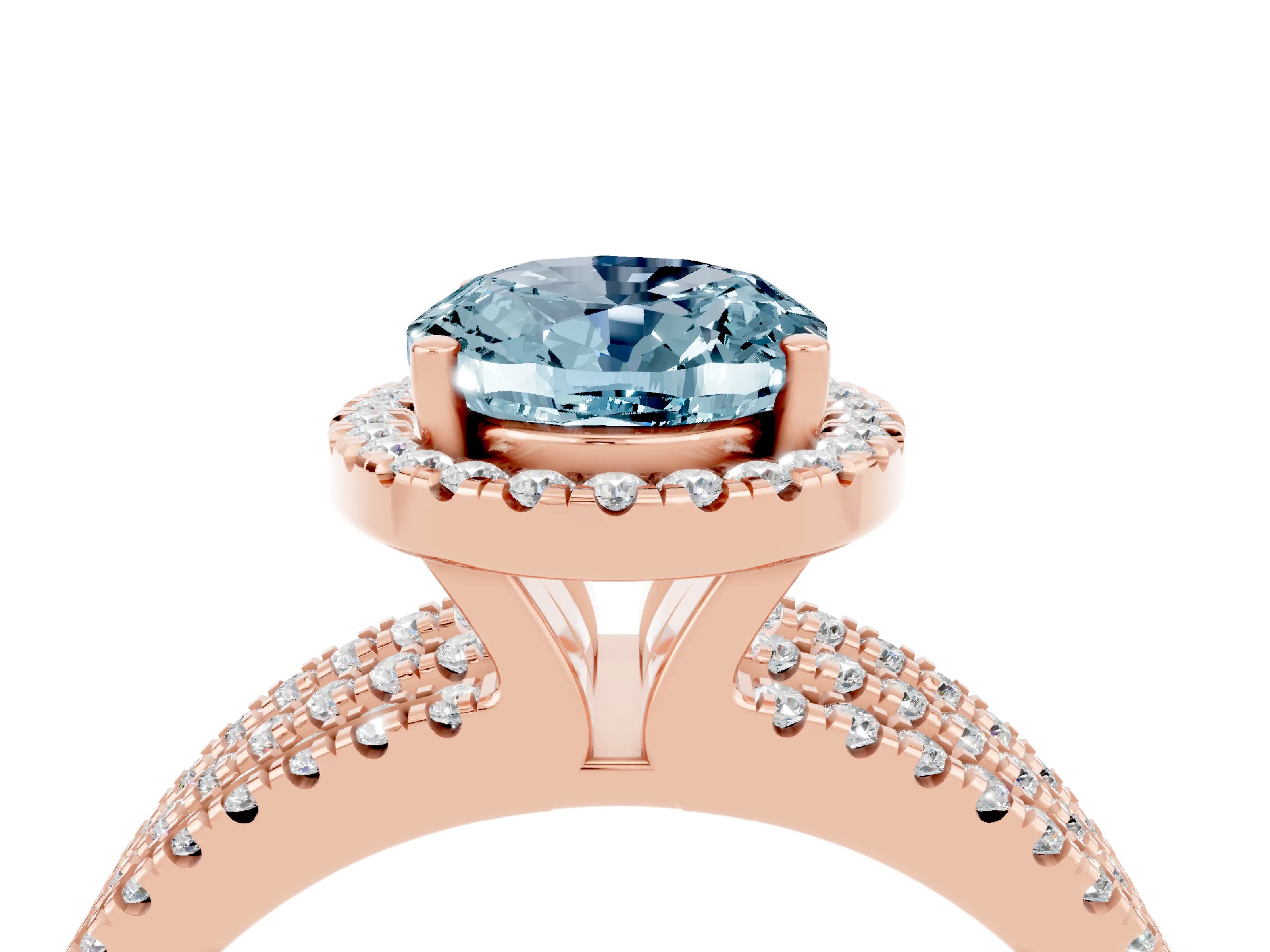 Rose gold {shape_name} Aquamarine Halo Engagement Ring with Split Shank and Four-Prong Setting_4