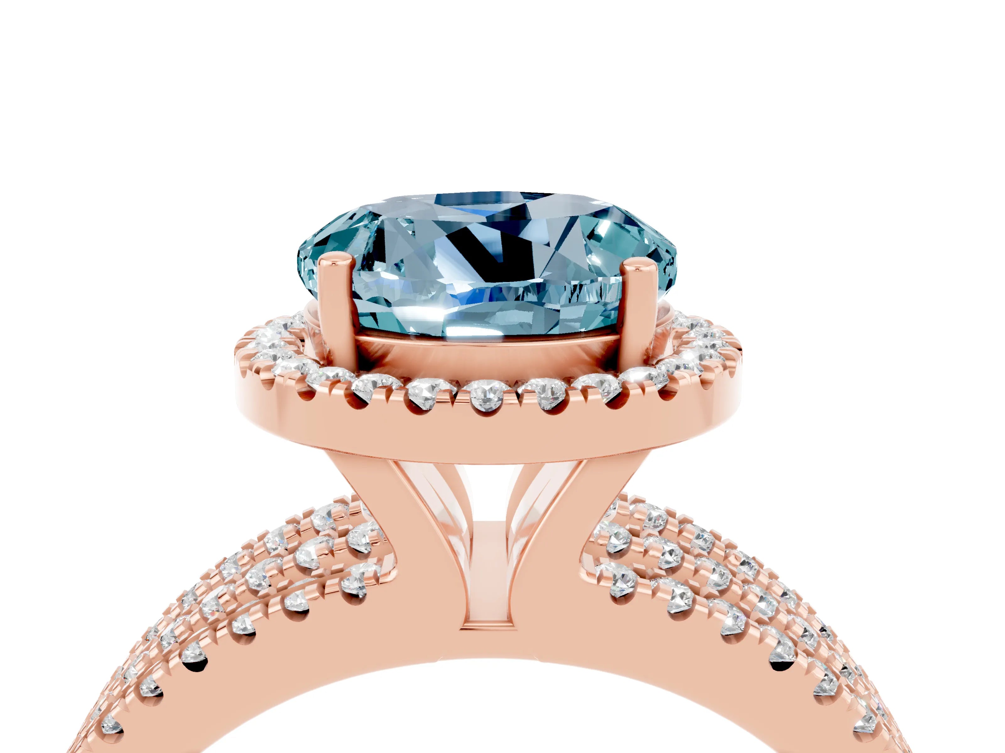 Rose gold {shape_name} Aquamarine Halo Engagement Ring with Split Shank and Four-Prong Setting_4