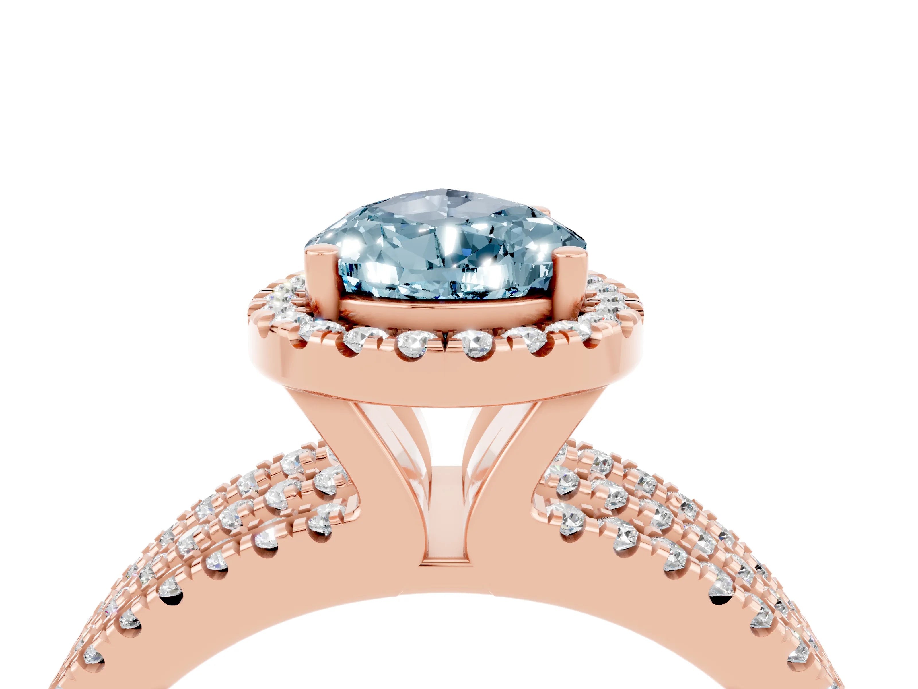 Rose gold {shape_name} Aquamarine Halo Engagement Ring with Split Shank and Four-Prong Setting_4