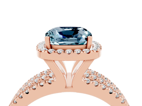 Rose gold {shape_name} Aquamarine Halo Engagement Ring with Split Shank and Four-Prong Setting_4