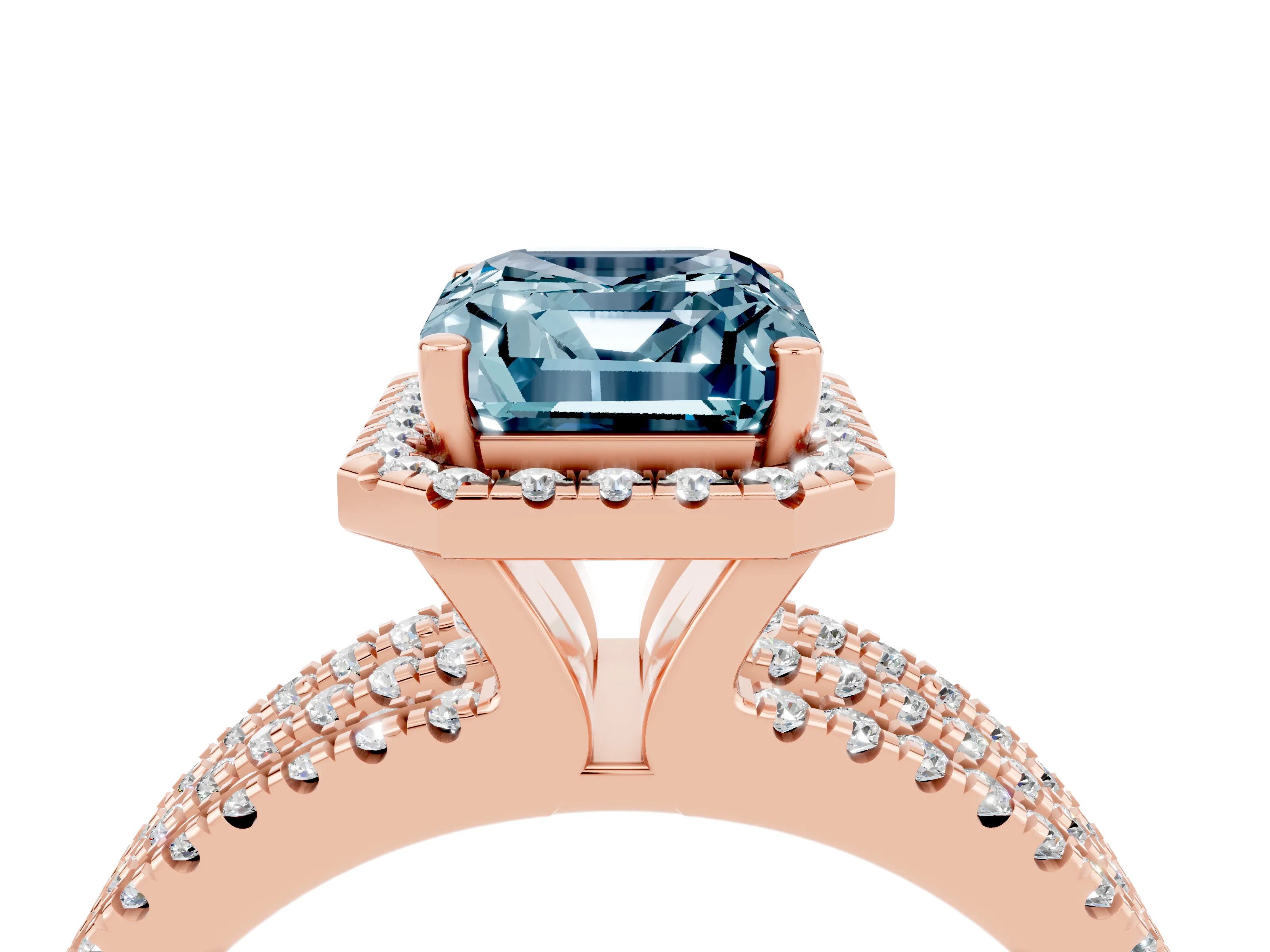 Rose gold {shape_name} Aquamarine Halo Engagement Ring with Split Shank and Four-Prong Setting_4