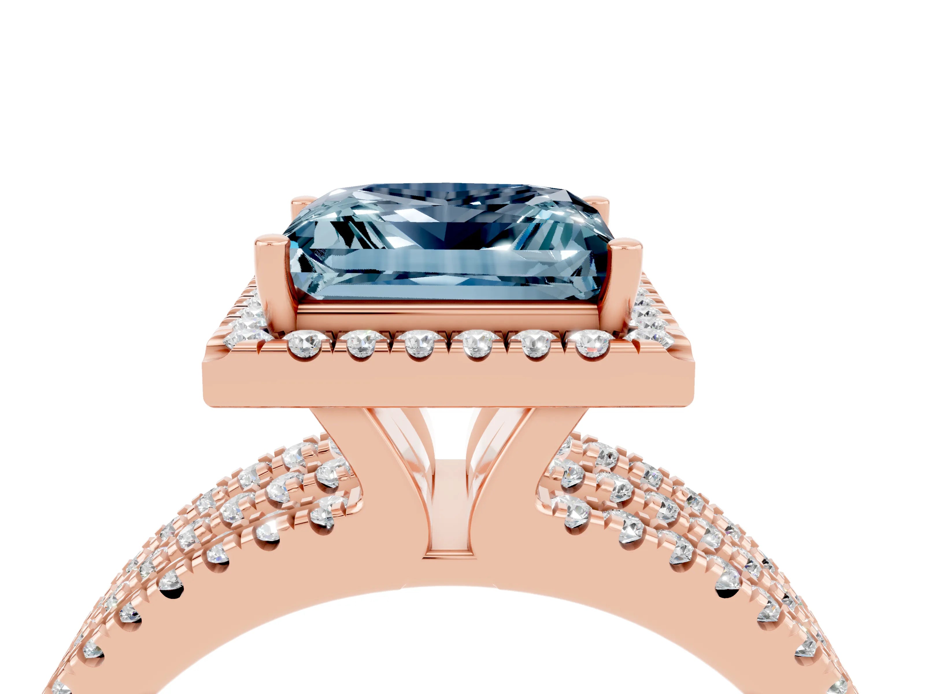 Rose gold {shape_name} Aquamarine Halo Engagement Ring with Split Shank and Four-Prong Setting_4