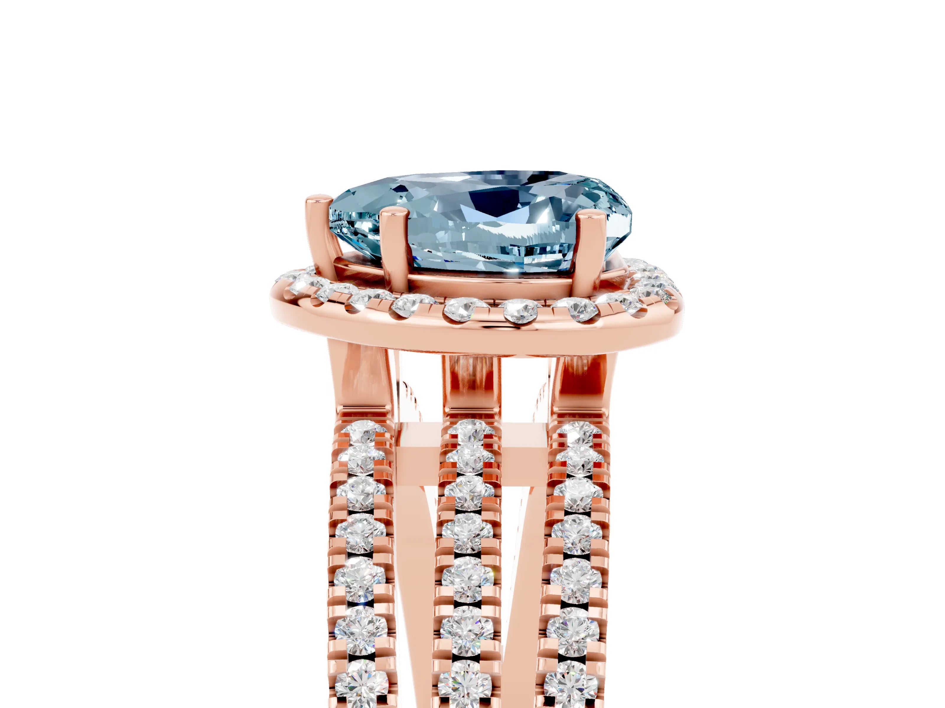 Rose gold {shape_name} Aquamarine Halo Engagement Ring with Split Shank and Four-Prong Setting_5