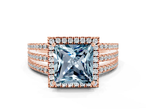 Rose gold {shape_name} Aquamarine Halo Engagement Ring with Split Shank and Four-Prong Setting
