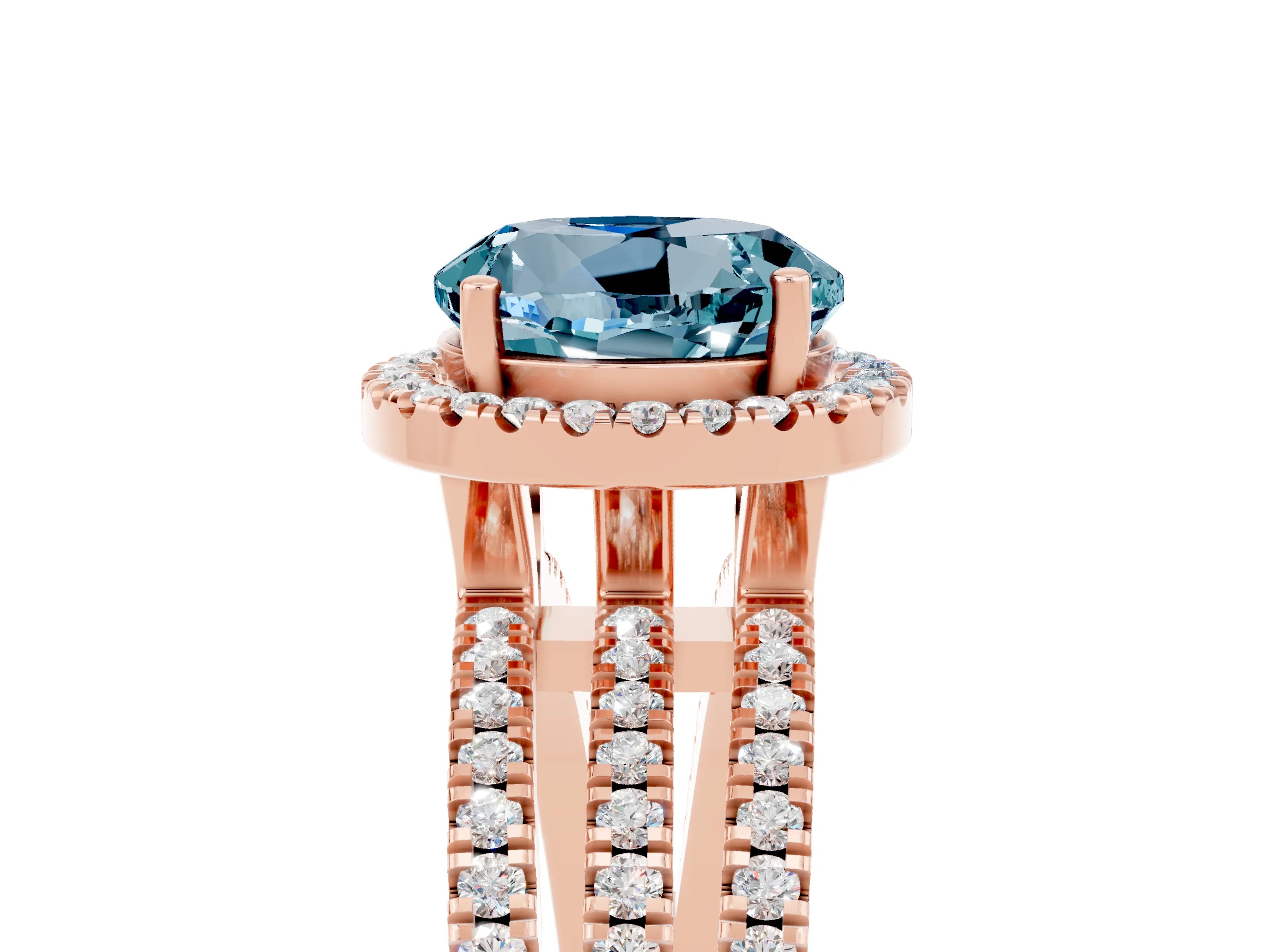 Rose gold {shape_name} Aquamarine Halo Engagement Ring with Split Shank and Four-Prong Setting_5
