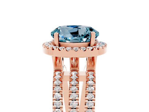 Rose gold {shape_name} Aquamarine Halo Engagement Ring with Split Shank and Four-Prong Setting_5