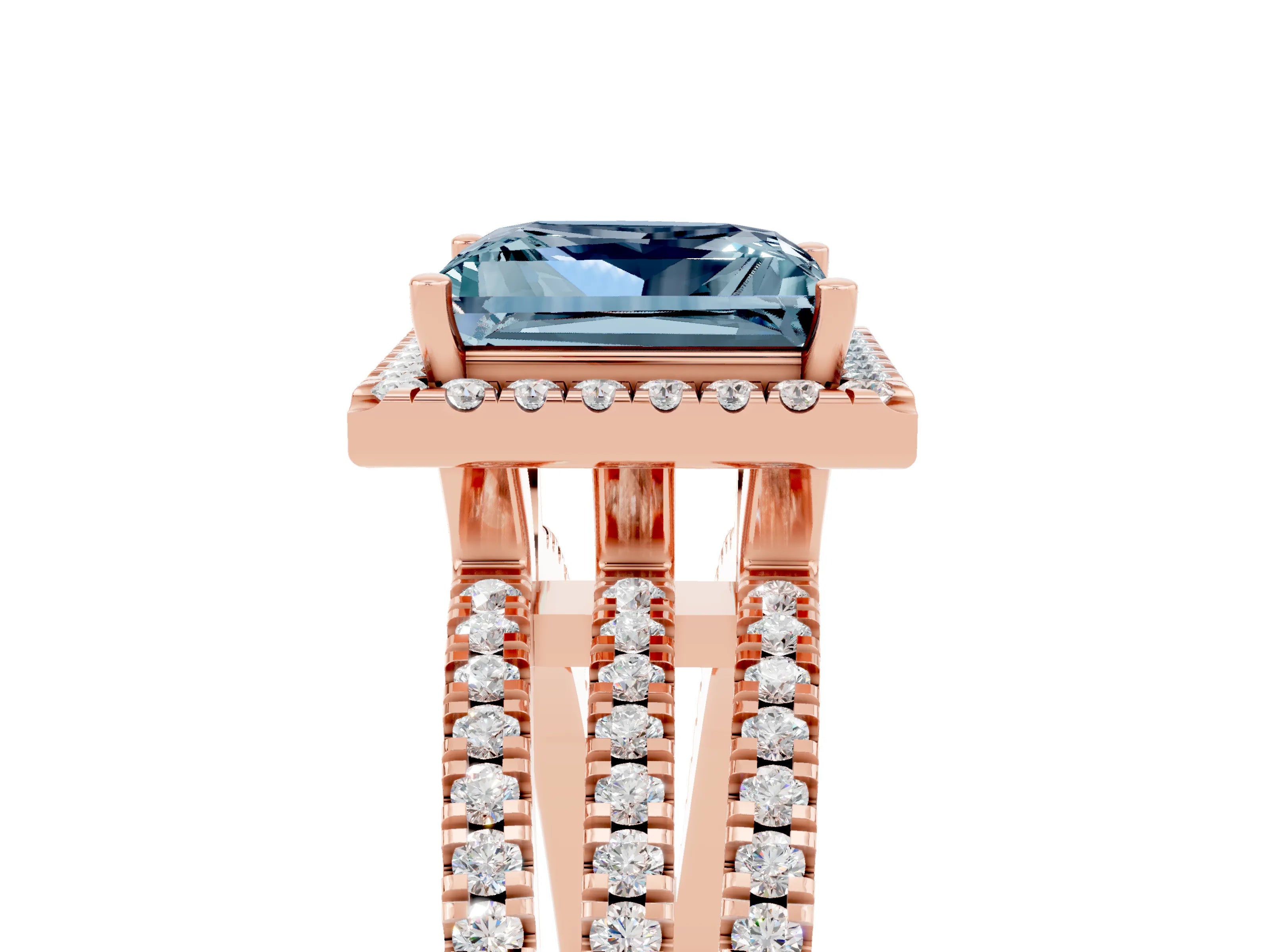 Rose gold {shape_name} Aquamarine Halo Engagement Ring with Split Shank and Four-Prong Setting_5