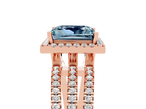 Rose gold {shape_name} Aquamarine Halo Engagement Ring with Split Shank and Four-Prong Setting_5