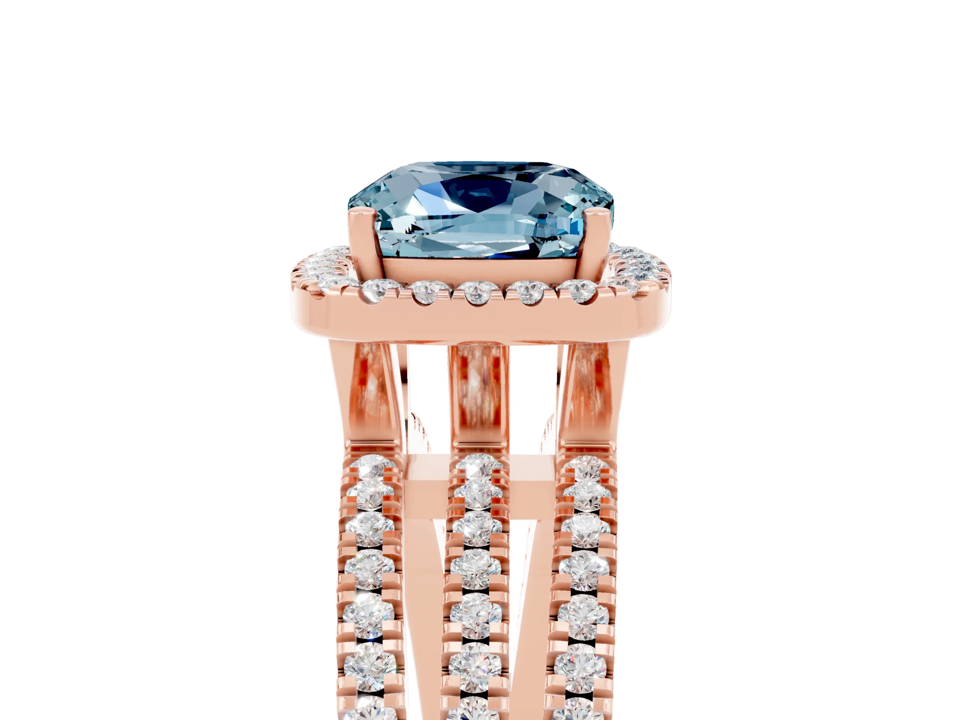 Rose gold {shape_name} Aquamarine Halo Engagement Ring with Split Shank and Four-Prong Setting_5