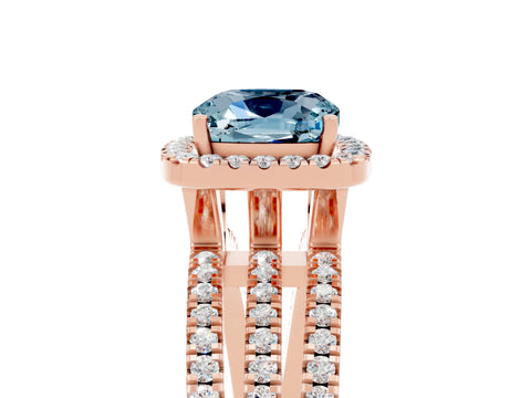 Rose gold {shape_name} Aquamarine Halo Engagement Ring with Split Shank and Four-Prong Setting_5