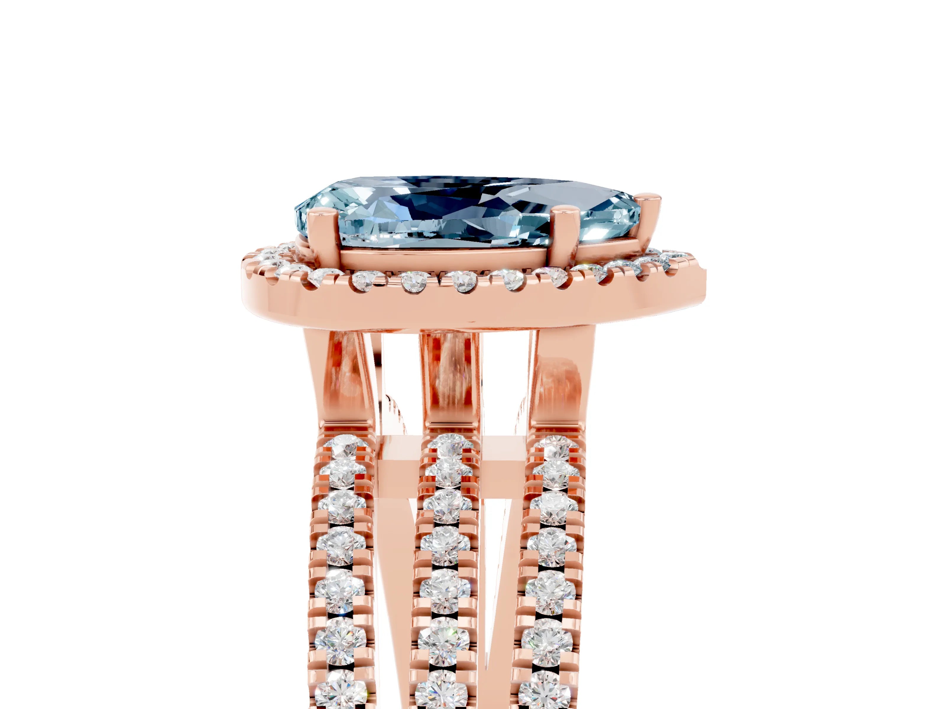 Rose gold {shape_name} Aquamarine Halo Engagement Ring with Split Shank and Four-Prong Setting_5