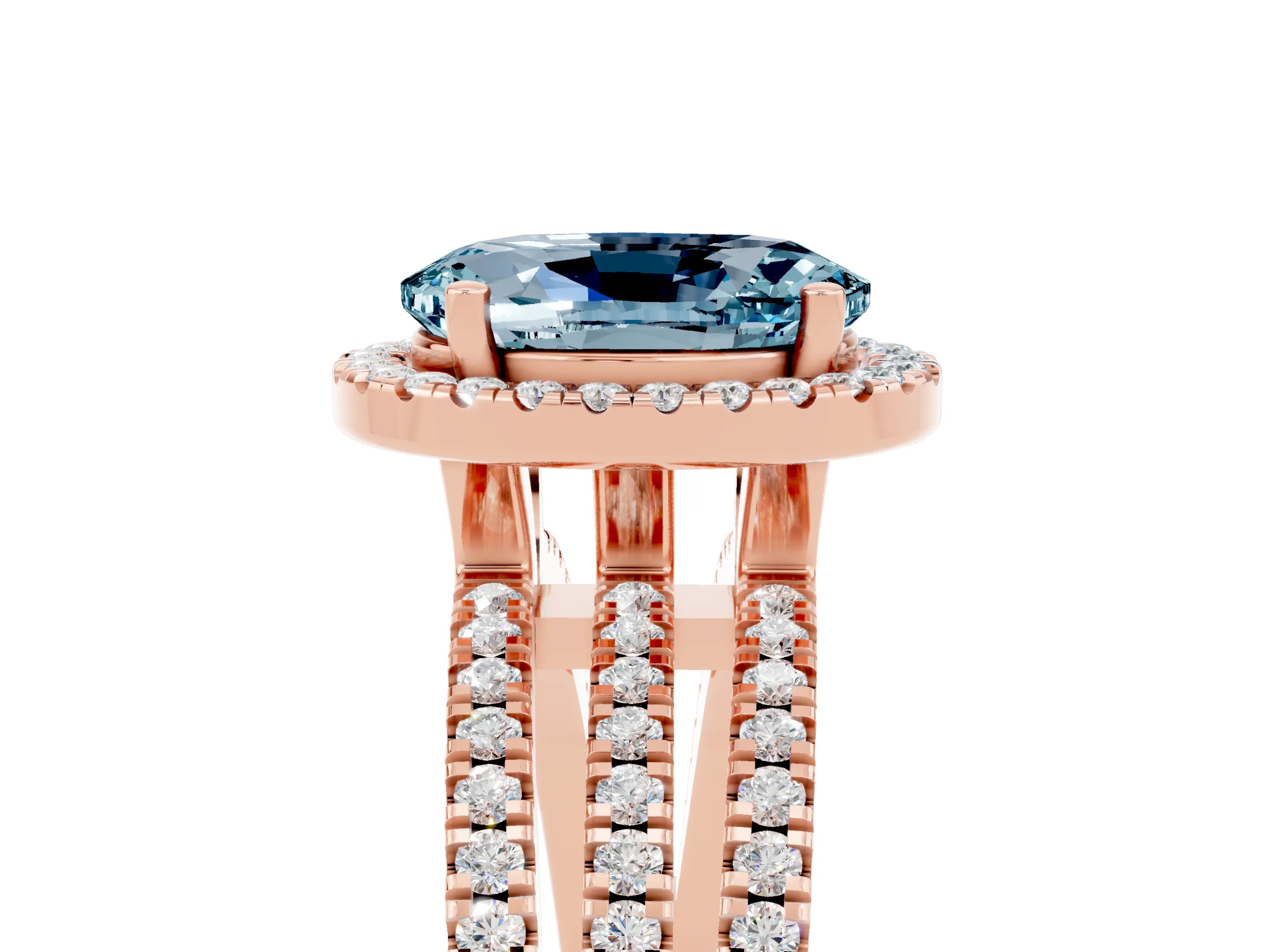 Rose gold {shape_name} Aquamarine Halo Engagement Ring with Split Shank and Four-Prong Setting_5