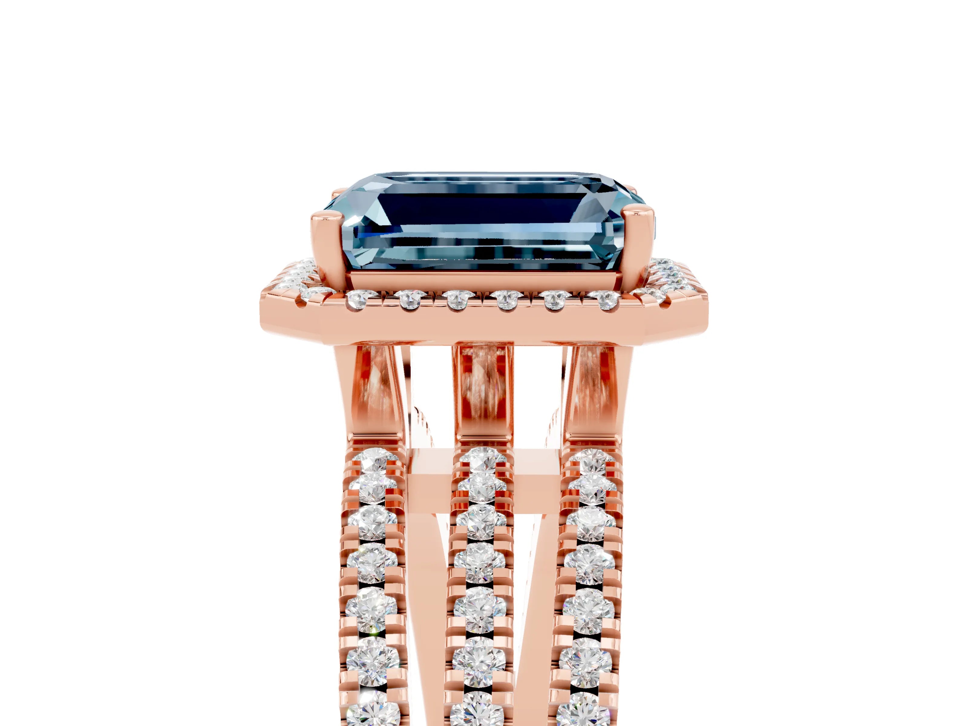 Rose gold {shape_name} Aquamarine Halo Engagement Ring with Split Shank and Four-Prong Setting_5