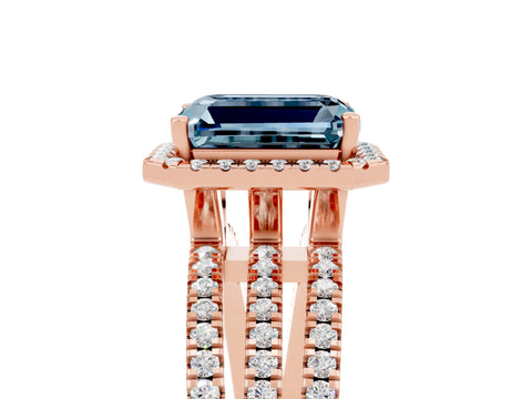 Rose gold {shape_name} Aquamarine Halo Engagement Ring with Split Shank and Four-Prong Setting_5