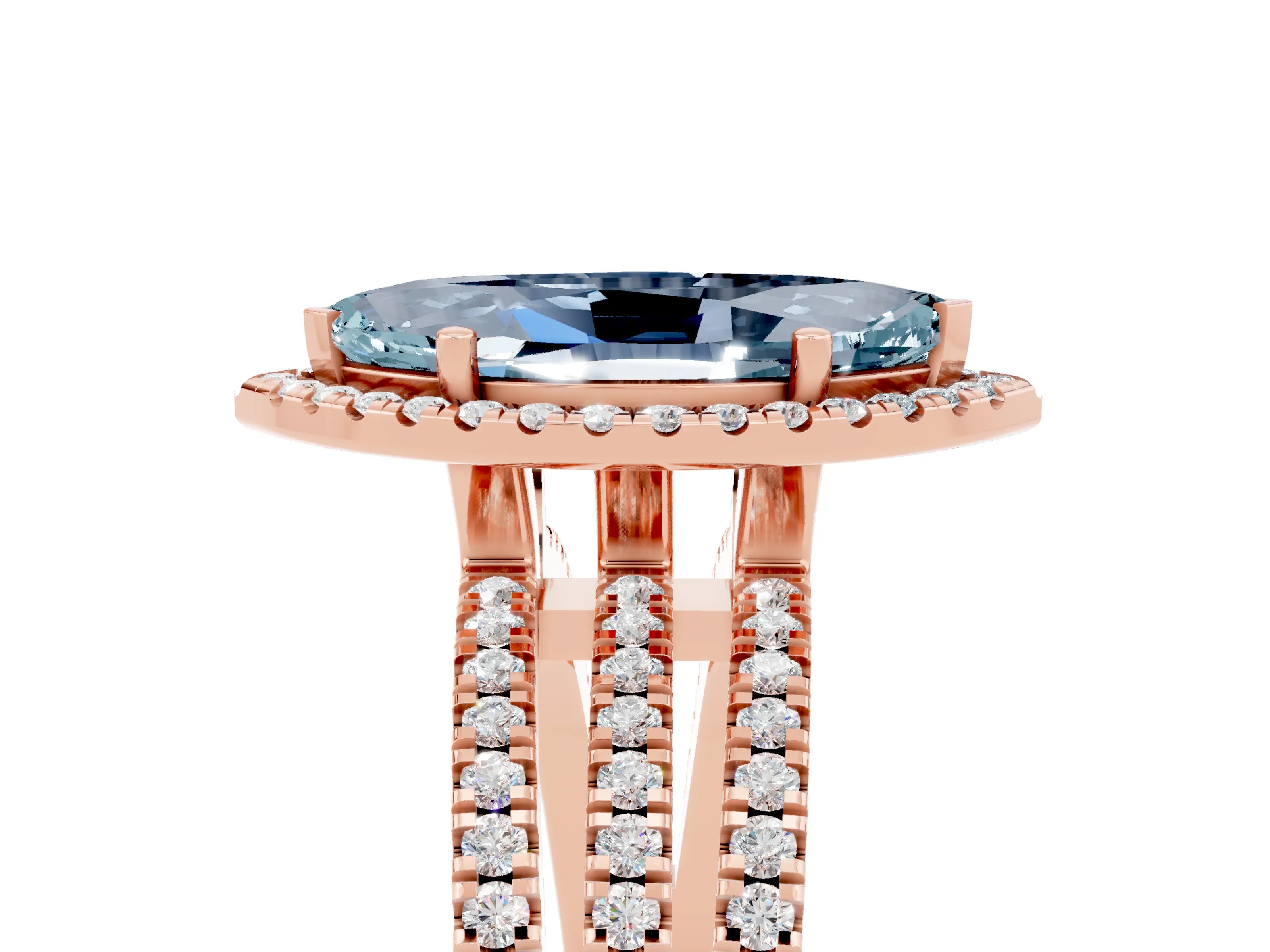 Rose gold {shape_name} Aquamarine Halo Engagement Ring with Split Shank and Four-Prong Setting_5