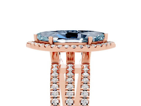 Rose gold {shape_name} Aquamarine Halo Engagement Ring with Split Shank and Four-Prong Setting_5