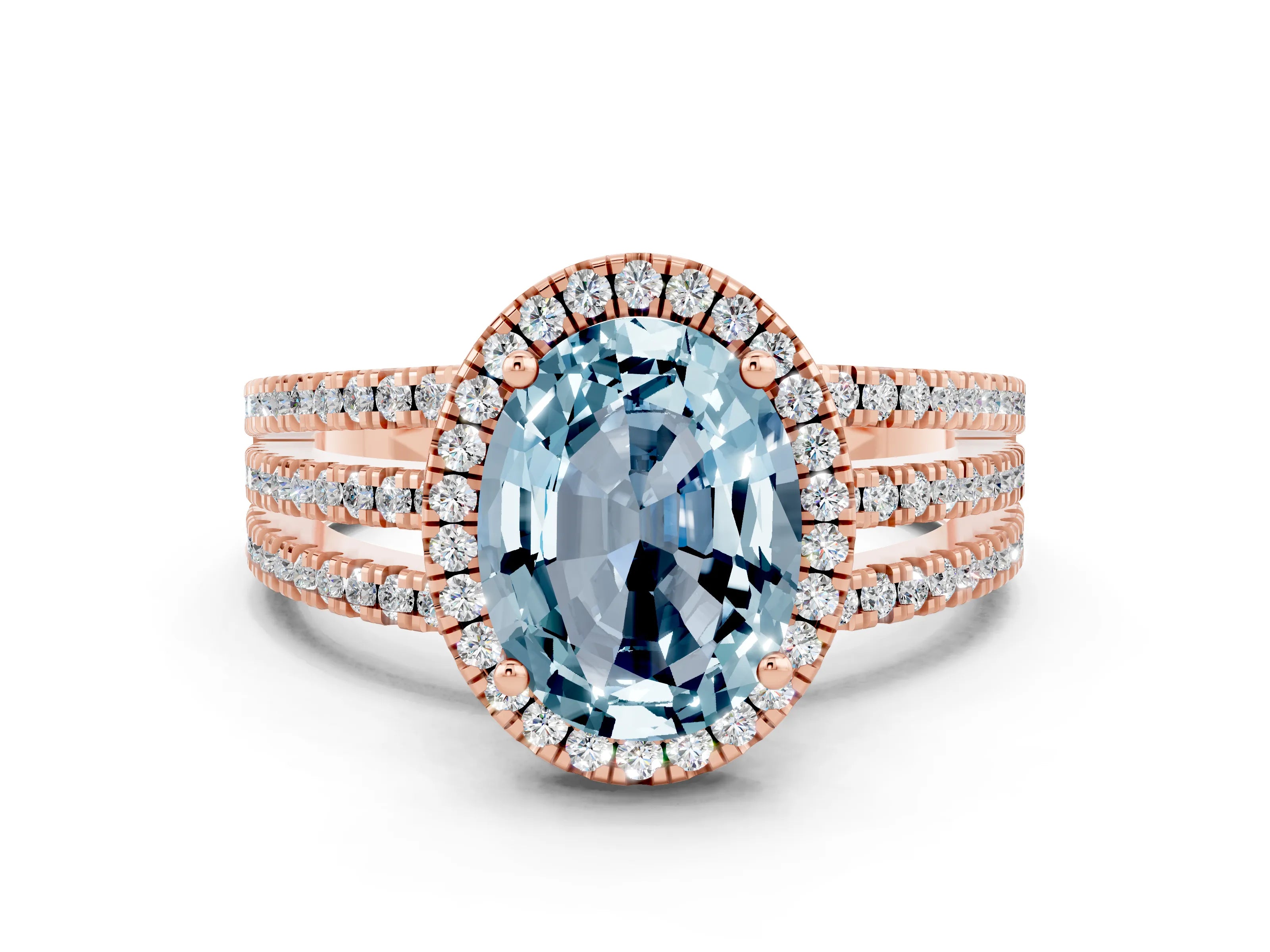 Rose gold {shape_name} Aquamarine Halo Engagement Ring with Split Shank and Four-Prong Setting