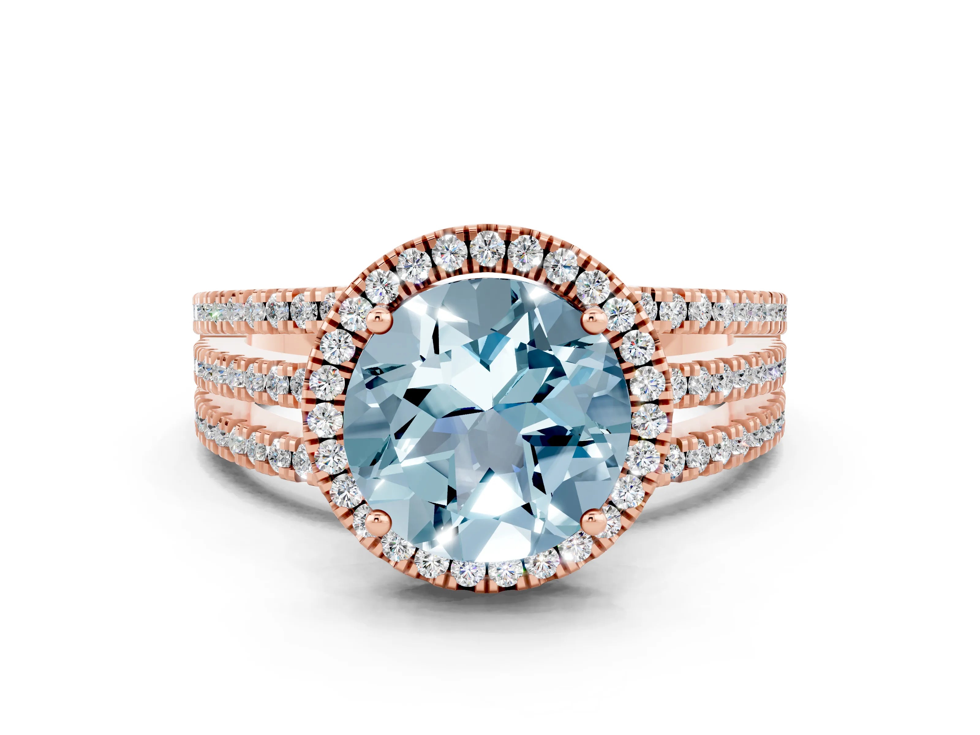Rose gold {shape_name} Aquamarine Halo Engagement Ring with Split Shank and Four-Prong Setting