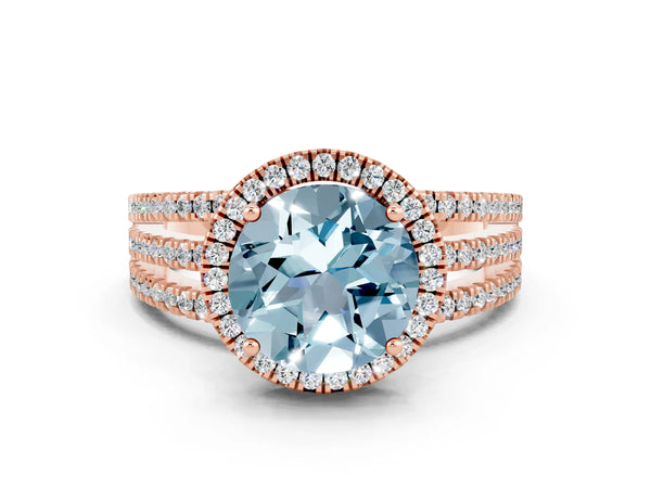 Rose gold Round Cut Aquamarine Halo Engagement Ring with Split Shank and Four-Prong Setting