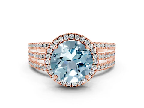 Rose gold {shape_name} Aquamarine Halo Engagement Ring with Split Shank and Four-Prong Setting