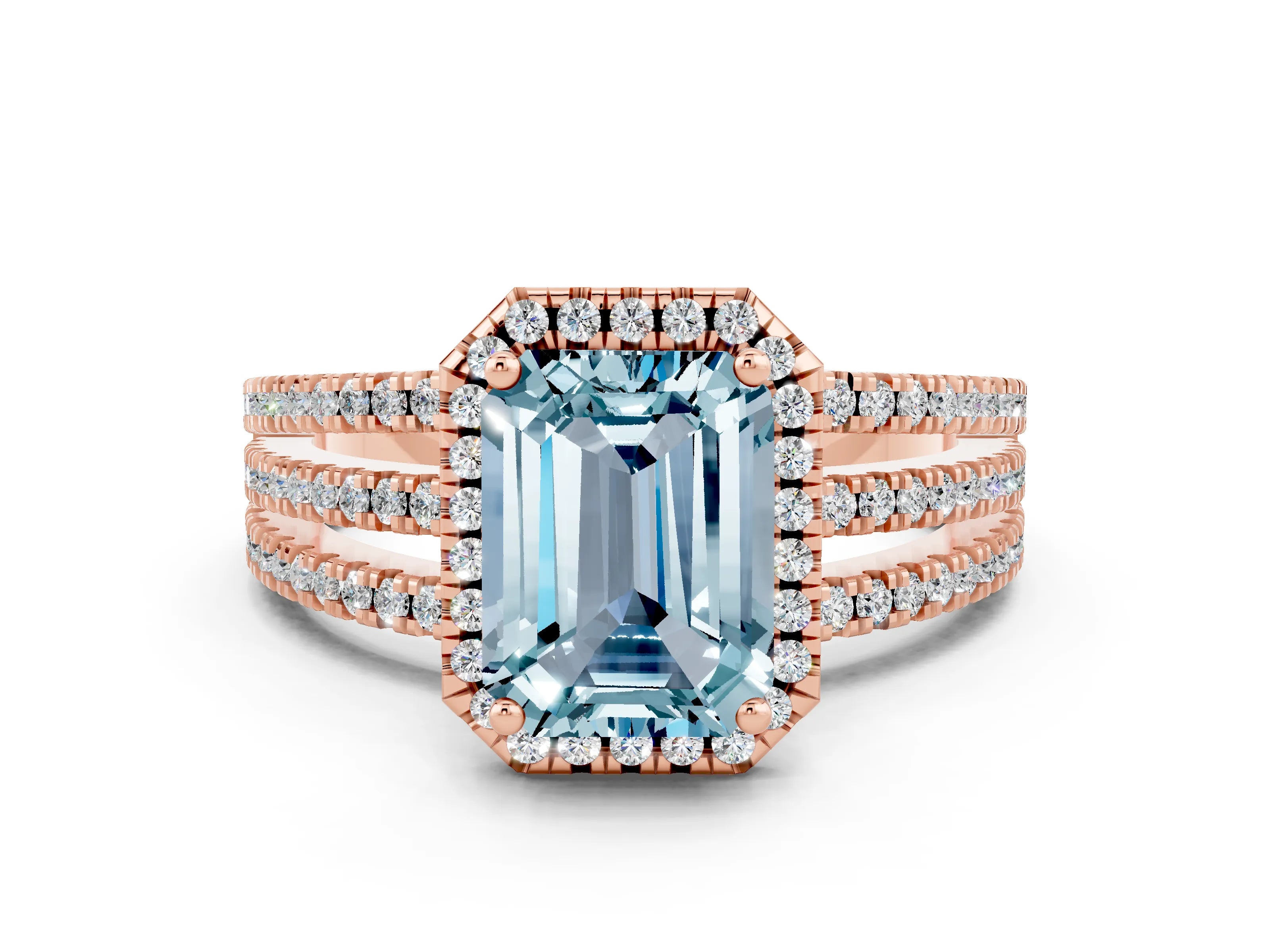Rose gold {shape_name} Aquamarine Halo Engagement Ring with Split Shank and Four-Prong Setting