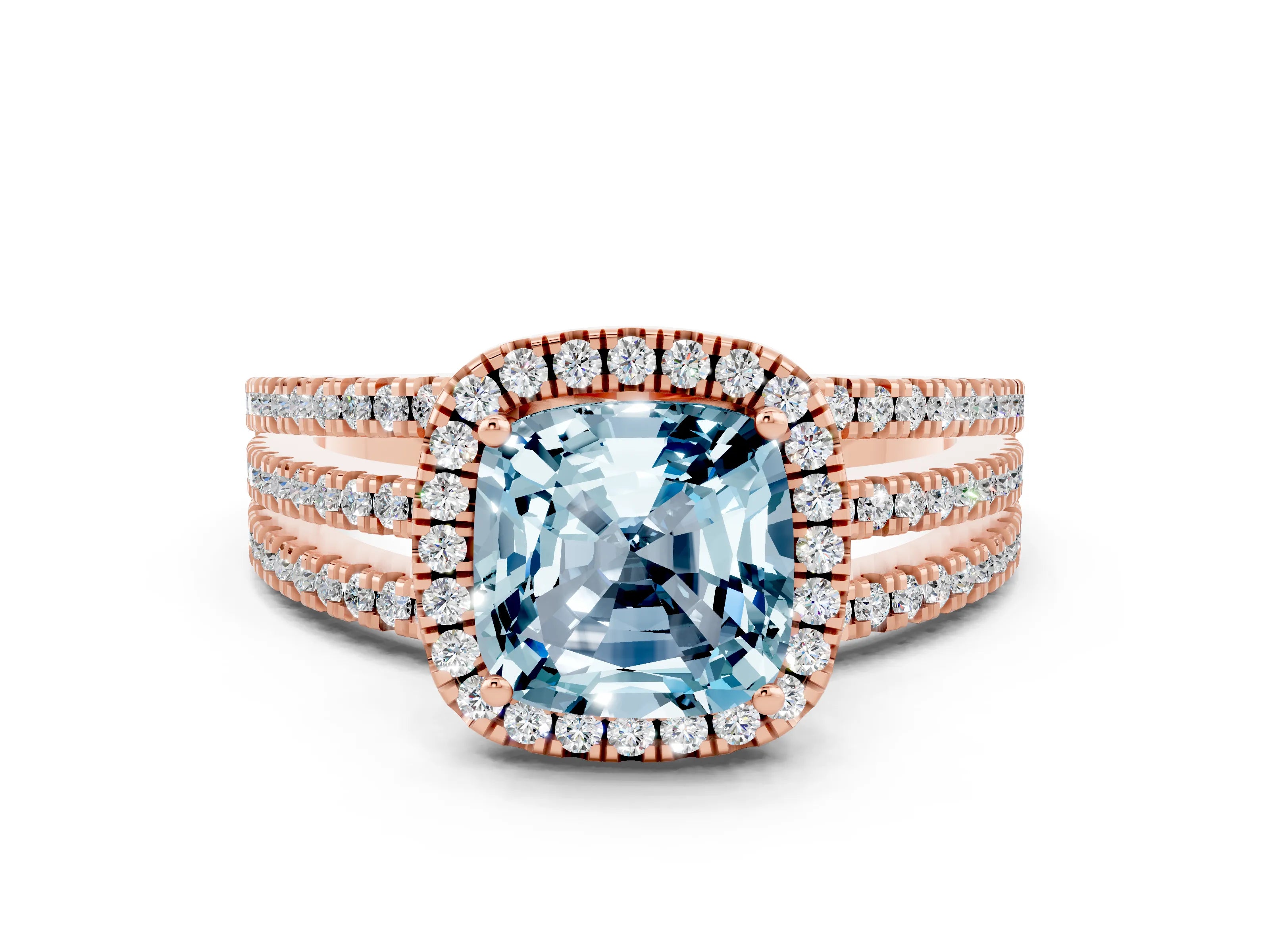 Rose gold {shape_name} Aquamarine Halo Engagement Ring with Split Shank and Four-Prong Setting