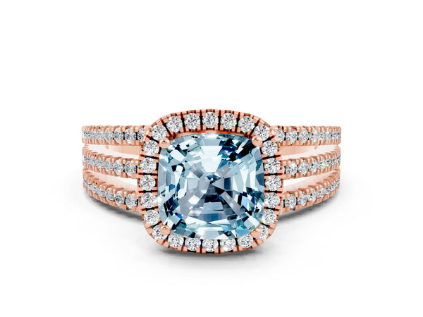 Rose gold Cushion Cut Aquamarine Halo Engagement Ring with Split Shank and Four-Prong Setting