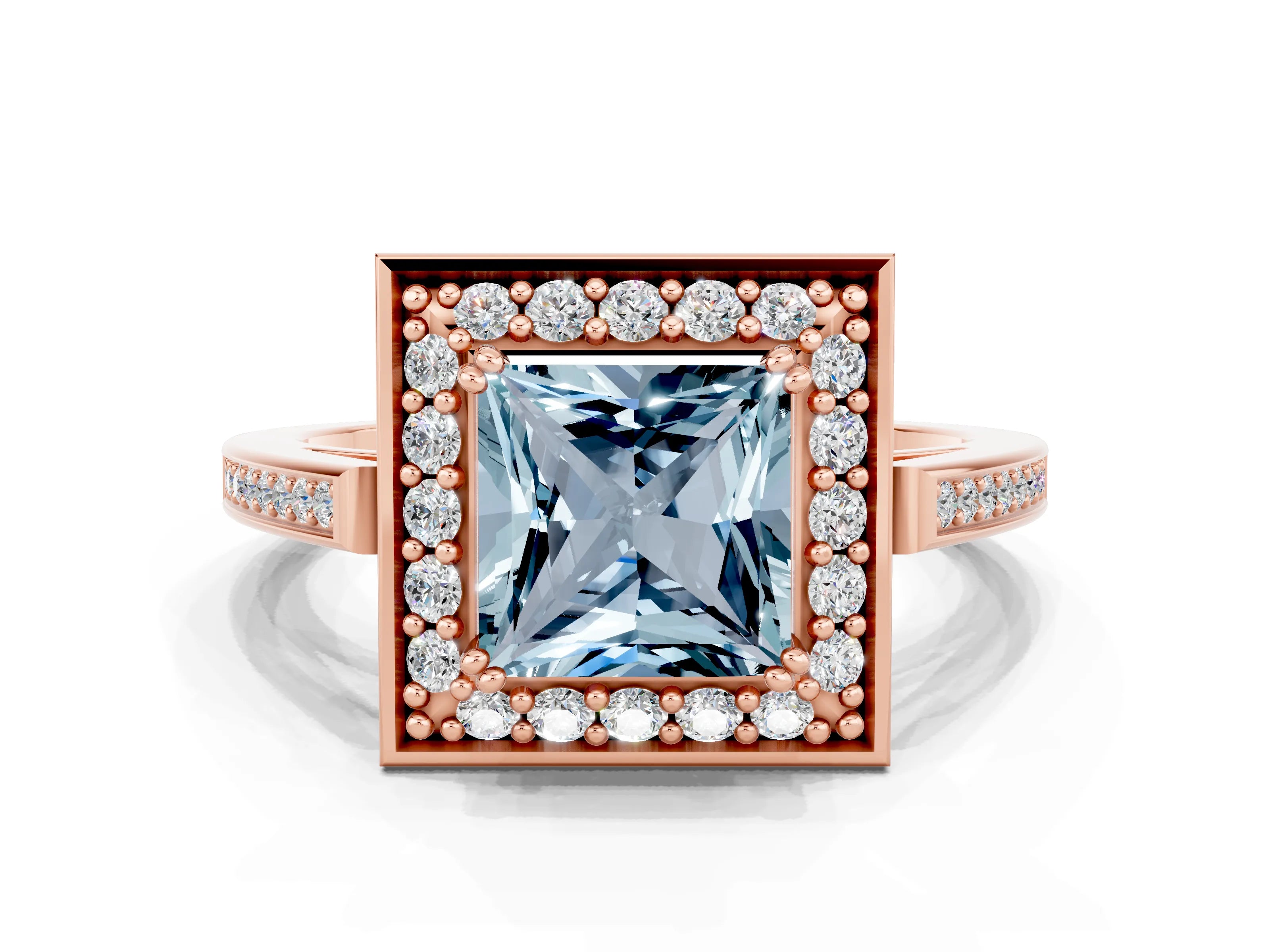 Rose gold {shape_name} Aquamarine Halo Ring with Split Shank and Four-Prong Setting