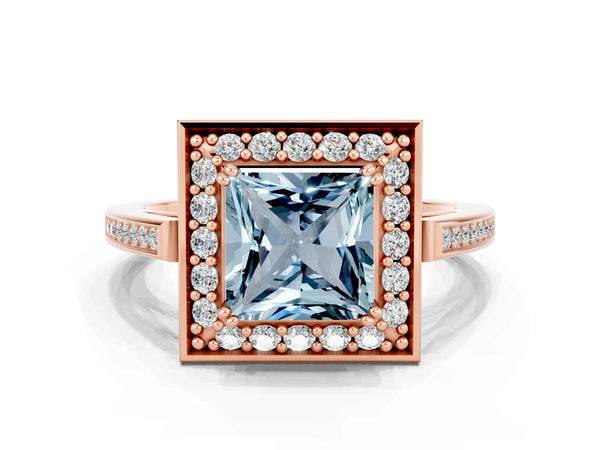 Rose gold Princess Cut Aquamarine Halo Ring with Split Shank and Four-Prong Setting
