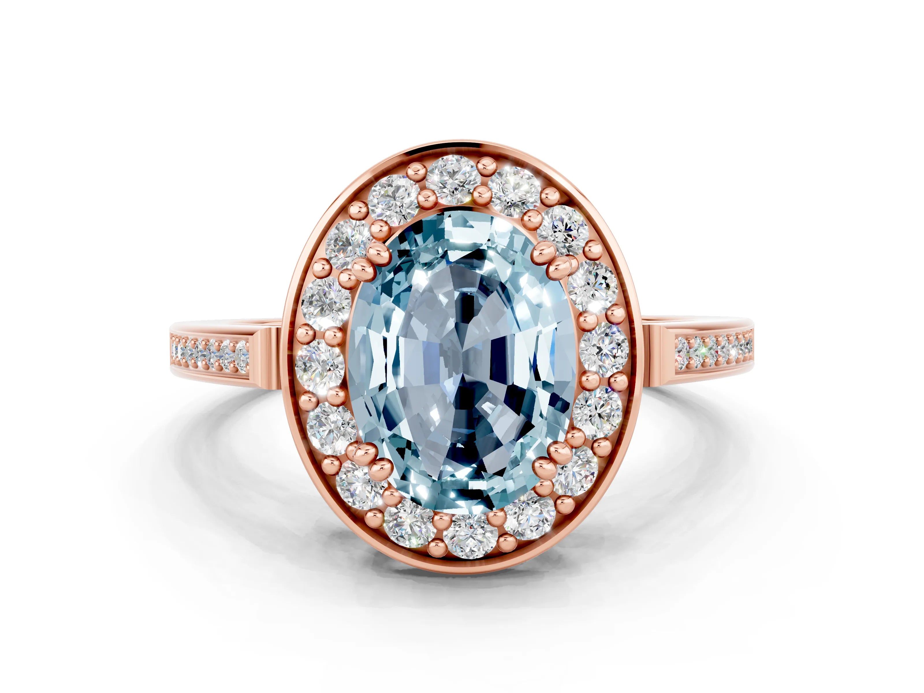 Rose gold {shape_name} Aquamarine Halo Ring with Split Shank and Four-Prong Setting