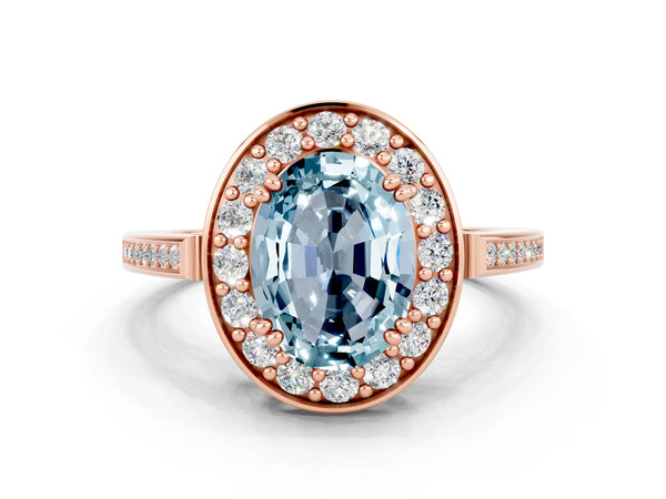Rose gold Oval Cut Aquamarine Halo Ring with Split Shank and Four-Prong Setting