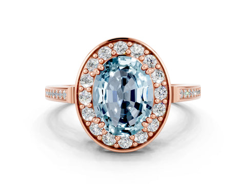 Rose gold {shape_name} Aquamarine Halo Ring with Split Shank and Four-Prong Setting
