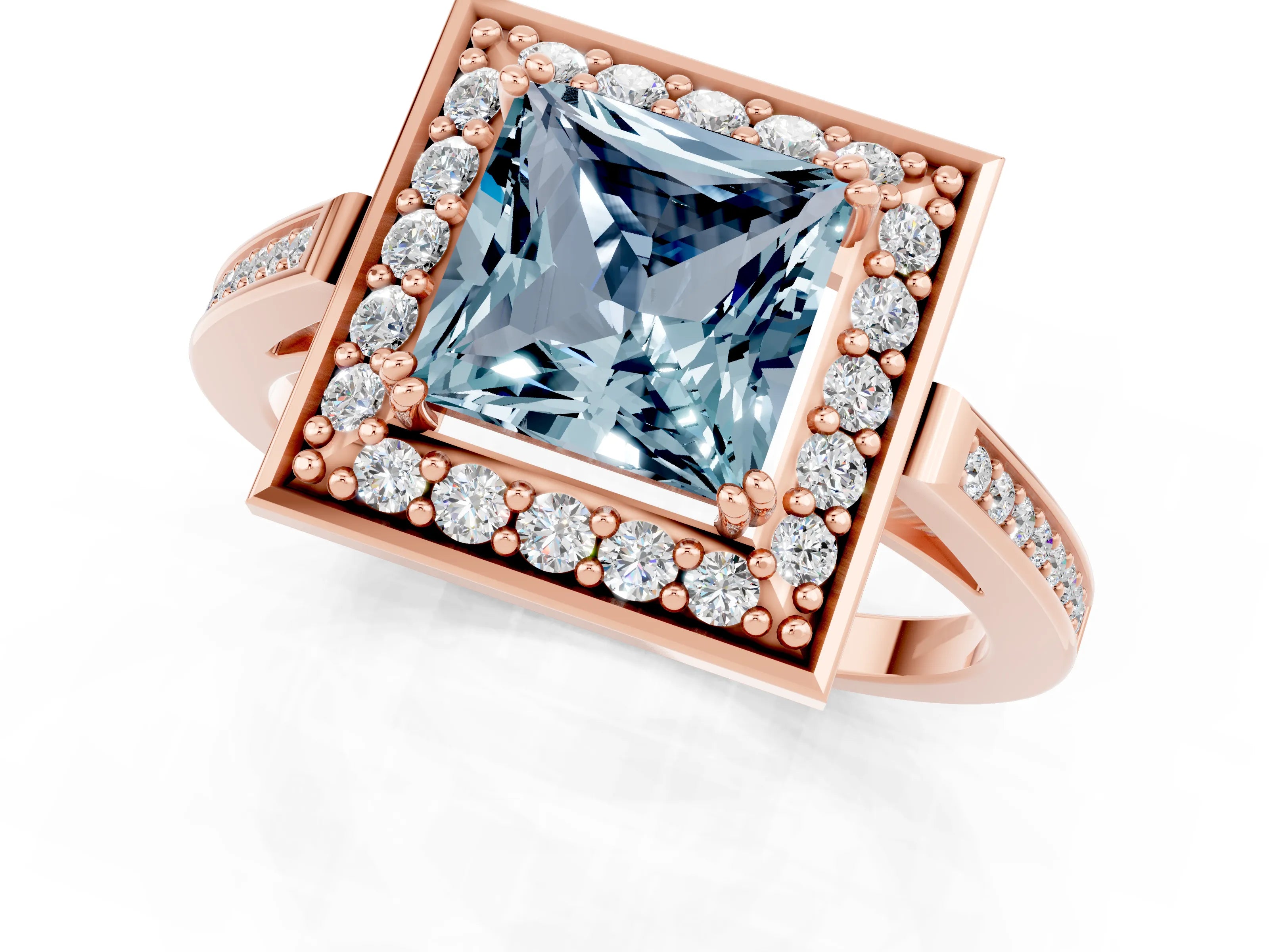 Rose gold {shape_name} Aquamarine Halo Ring with Split Shank and Four-Prong Setting_1