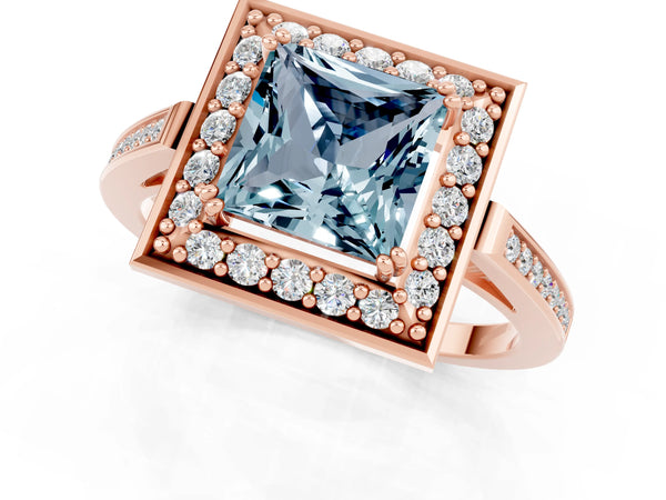 Rose gold Princess Cut Aquamarine Halo Ring with Split Shank and Four-Prong Setting