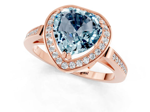 Rose gold {shape_name} Aquamarine Halo Ring with Split Shank and Four-Prong Setting_1