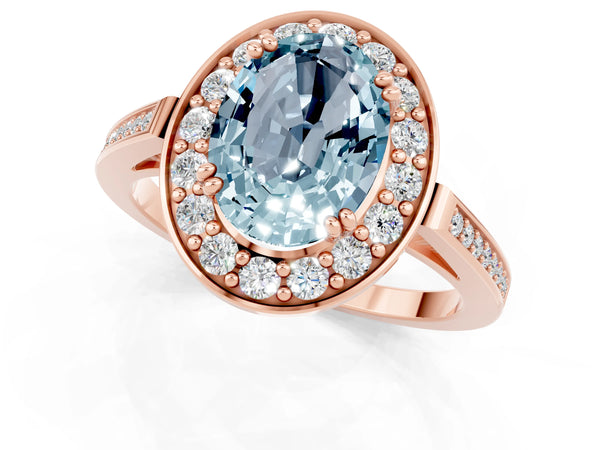 Rose gold Oval Cut Aquamarine Halo Ring with Split Shank and Four-Prong Setting