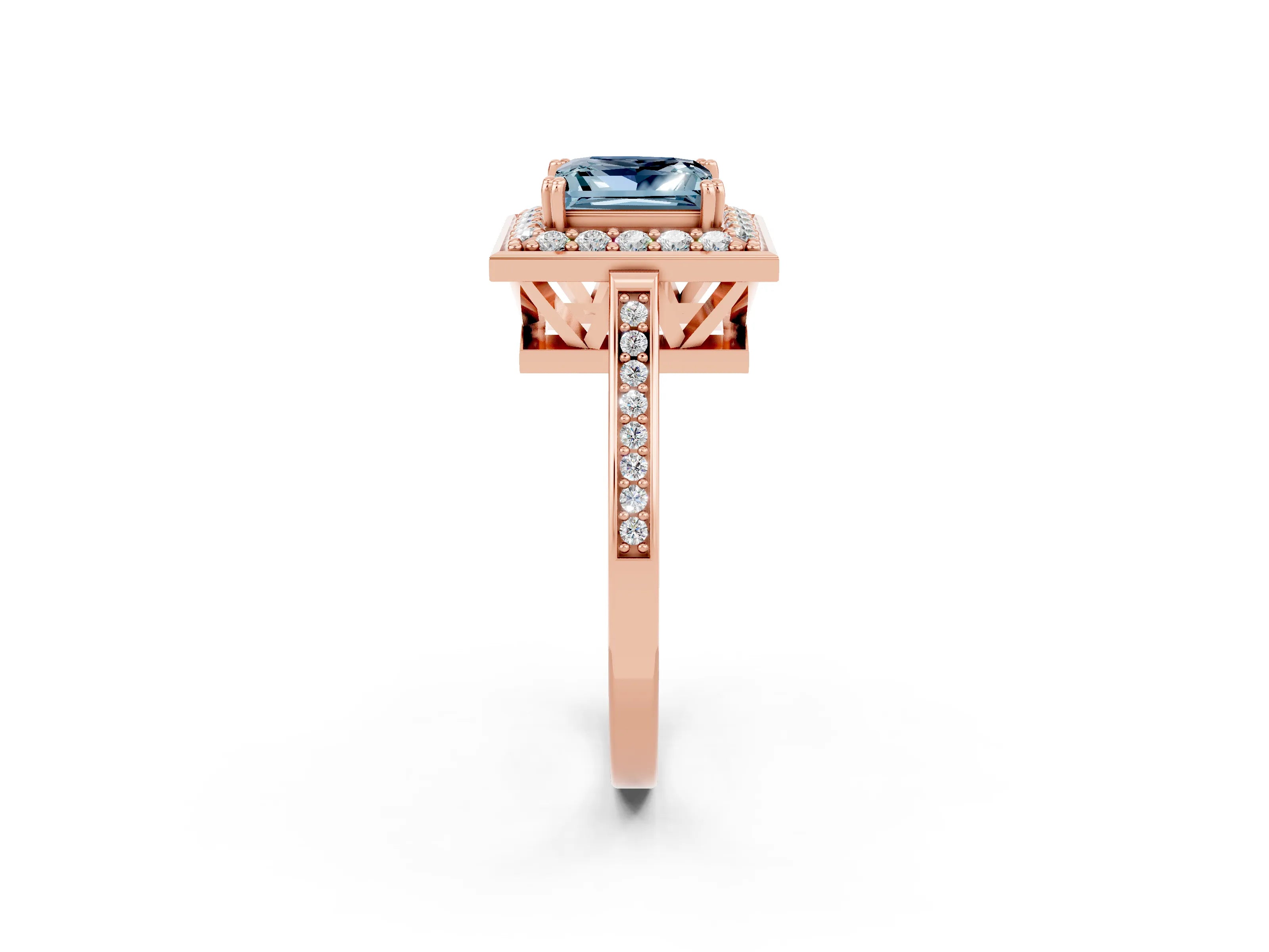 Rose gold {shape_name} Aquamarine Halo Ring with Split Shank and Four-Prong Setting_2