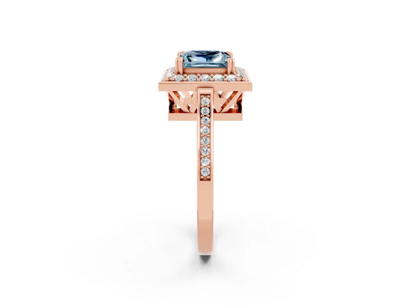 Rose gold Princess Cut Aquamarine Halo Ring with Split Shank and Four-Prong Setting