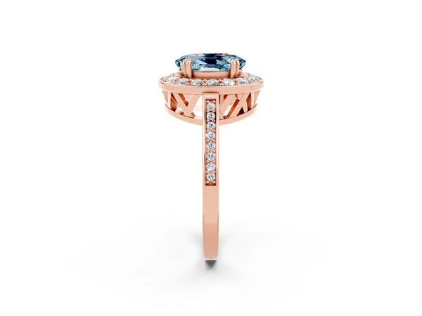 Rose gold Oval Cut Aquamarine Halo Ring with Split Shank and Four-Prong Setting