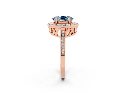 Rose gold {shape_name} Aquamarine Halo Ring with Split Shank and Four-Prong Setting_2